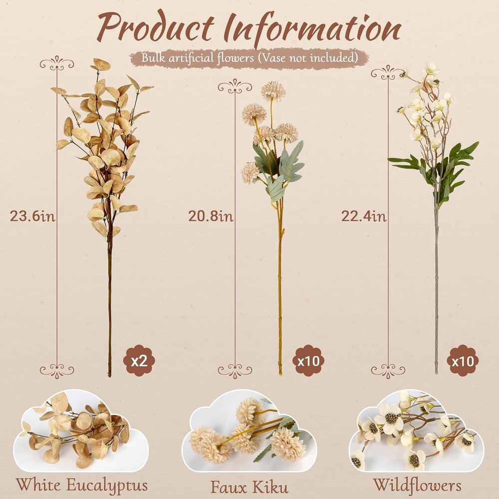22Pcs Faux Kiku Flowers for Vase, Beige Artificial Flower Arrangements, Long ...