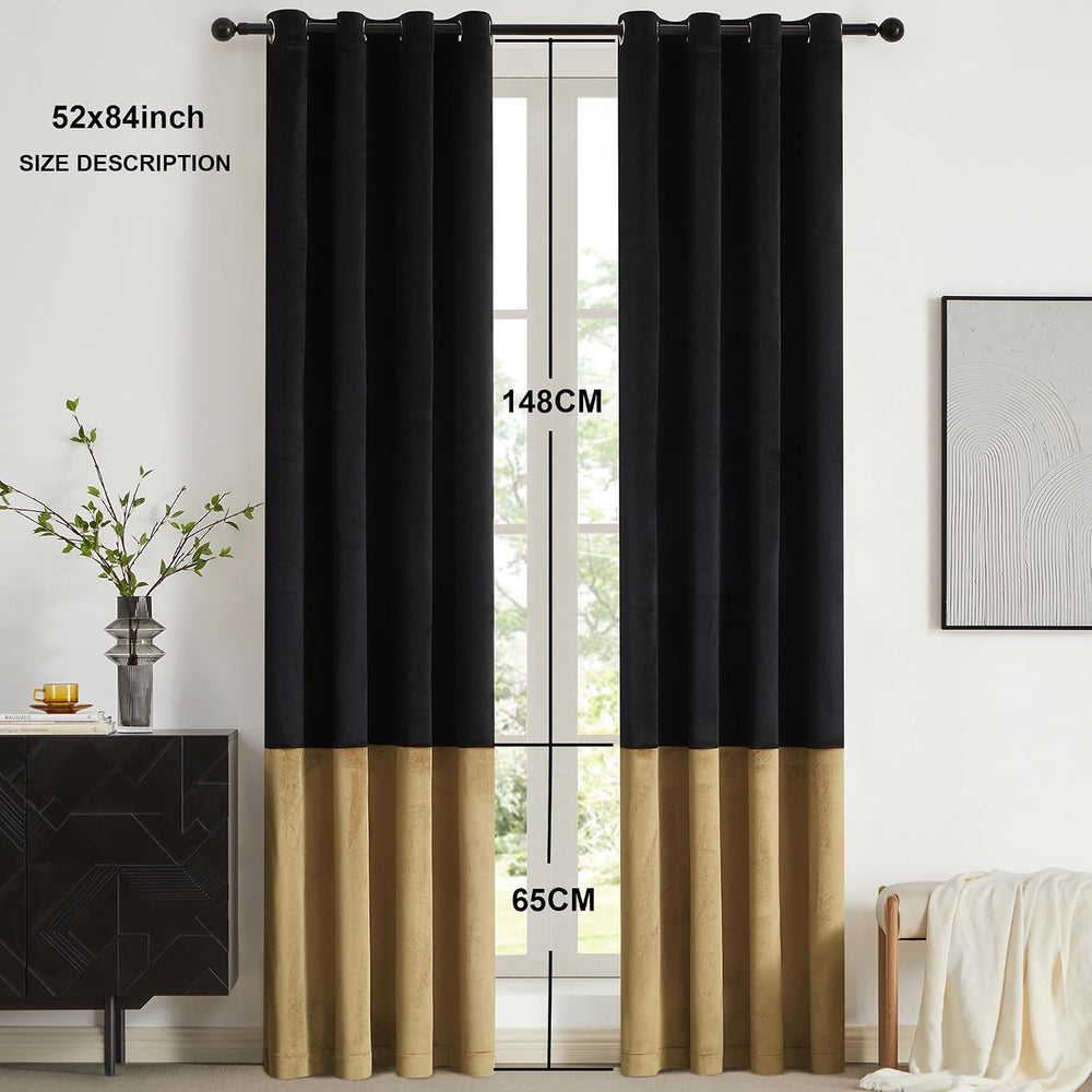 Black Gold Velvet Blackout Curtains Luxury Decor 84 inches,Color Block