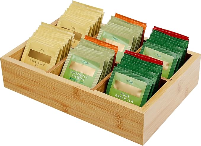 Wood Tea Bag Organizer with 6 Slots – Tea Bag Holder and Tea Organizer by VOCMUGY