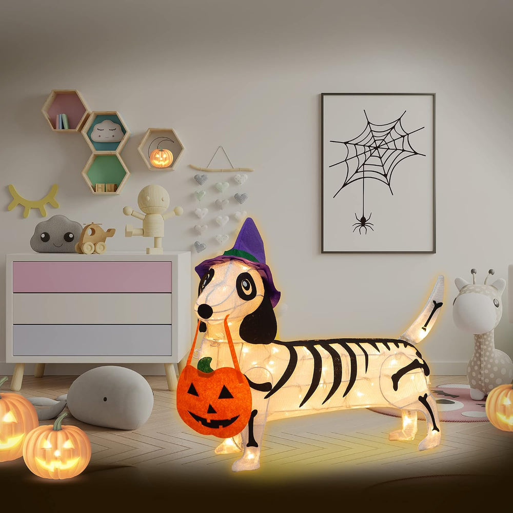 Skeleton Dachshund Decor, 25" Witch Hat Lights, Halloween Yard