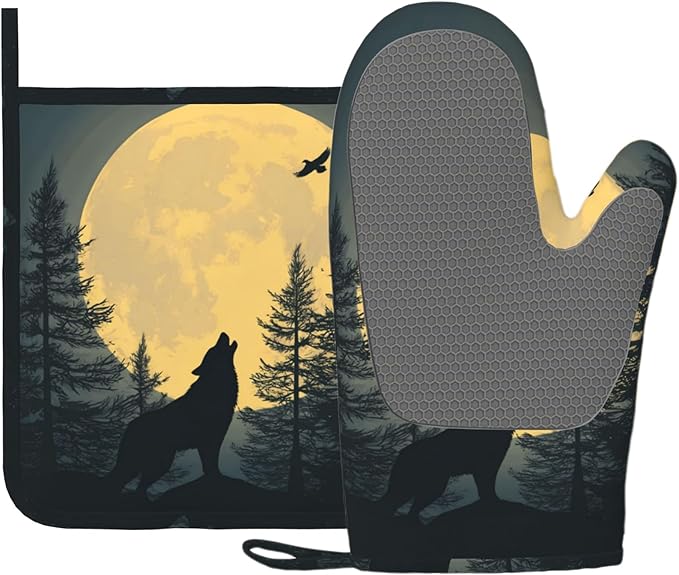 Black Wolf Howling at The Moon Oven Mitt and Pot Holder by Unknown