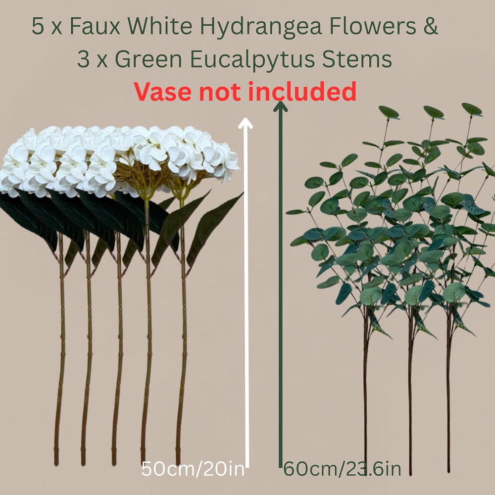 Real Touch White Faux Hydrangea And Eucalyptus, Floral Arrangement For Vase
