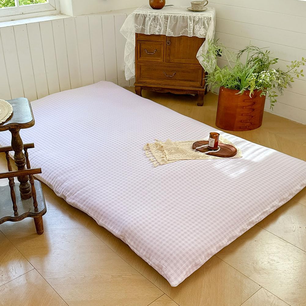 pink gingham japanese floor mattress futon cover, queen shown in use