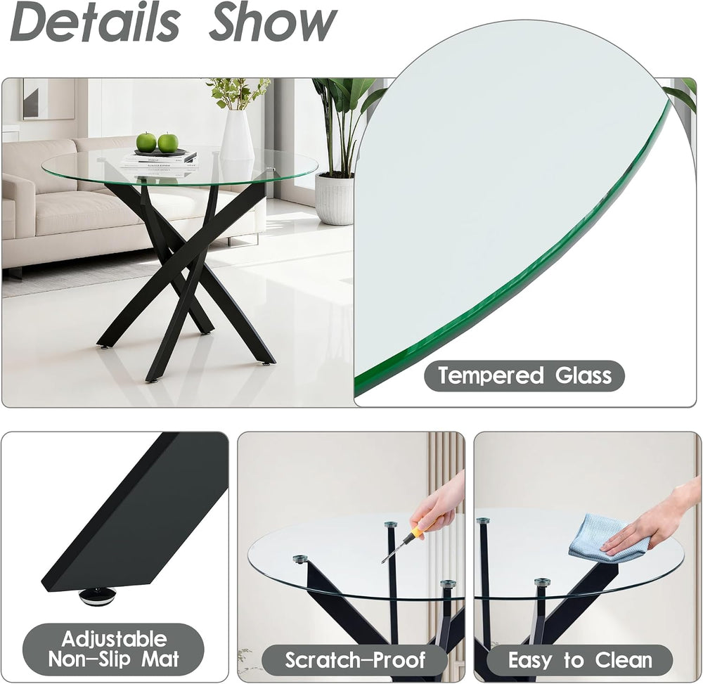 Modern Round Glass Dining Table Set for 4, 47'' Large Tempered Glass ...