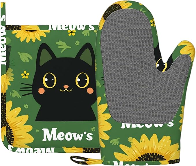 Black Cat Oven Mitts and Pot Holders Sets Cartoon Sunflower Silicone Heat by Unknown