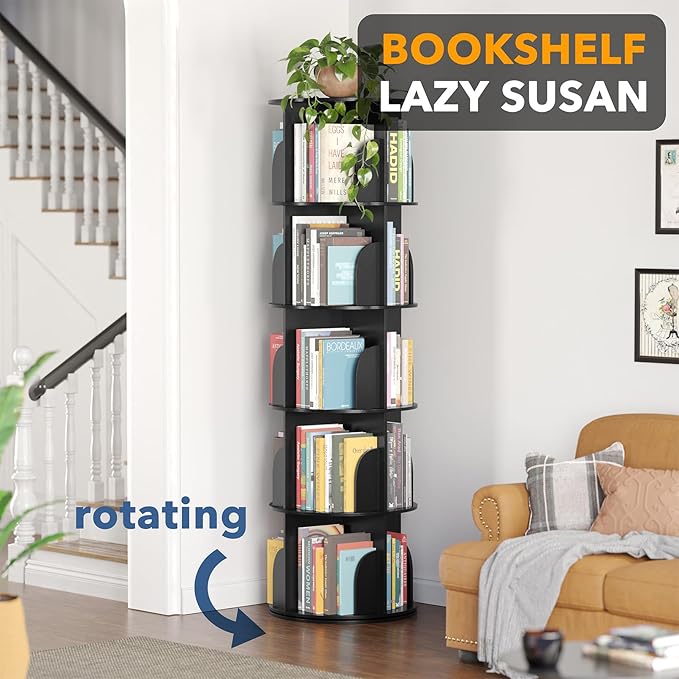 SpaceAid 5 Tier Rotating Bookshelf Tower, Spinning Bookcase Lazy Susan, Revol...