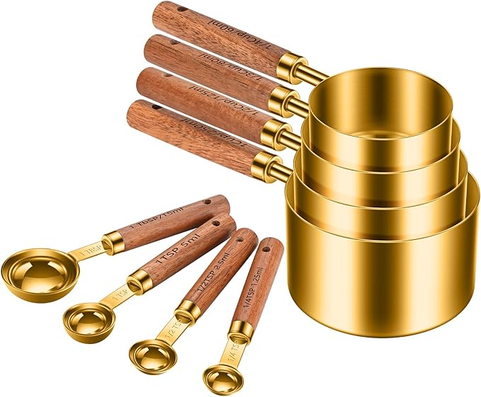 Stainless Steel Measuring Cups and Spoons Set of 8, Stackable Wooden Handle by JASUNMI
