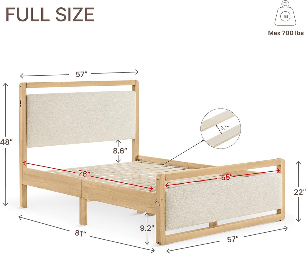 KISLOT Queen Wood Platform Bed Frame with Boucle Upholstered Headboard, Mid-C...