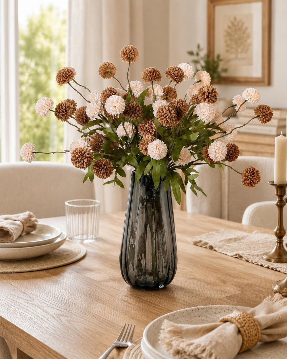 Brown Neutral Fall Decor with Vase, Artificial Chrysanthemums for Indoors