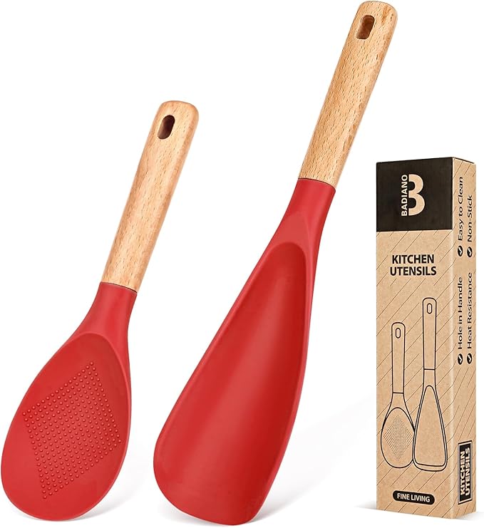 Cooking Spoon and Rice Scooper for Nonstick Cookwares, Wood Handle Spoon for by BADIANO