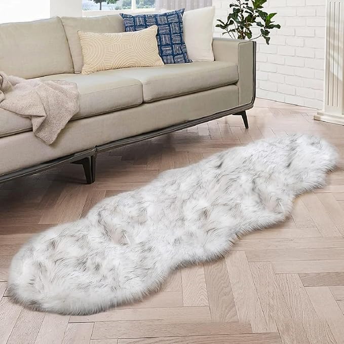 ORINOVA White and Grey Ultra Soft Faux Fur Shaggy Runner Rug 2x6 by ORINOVA