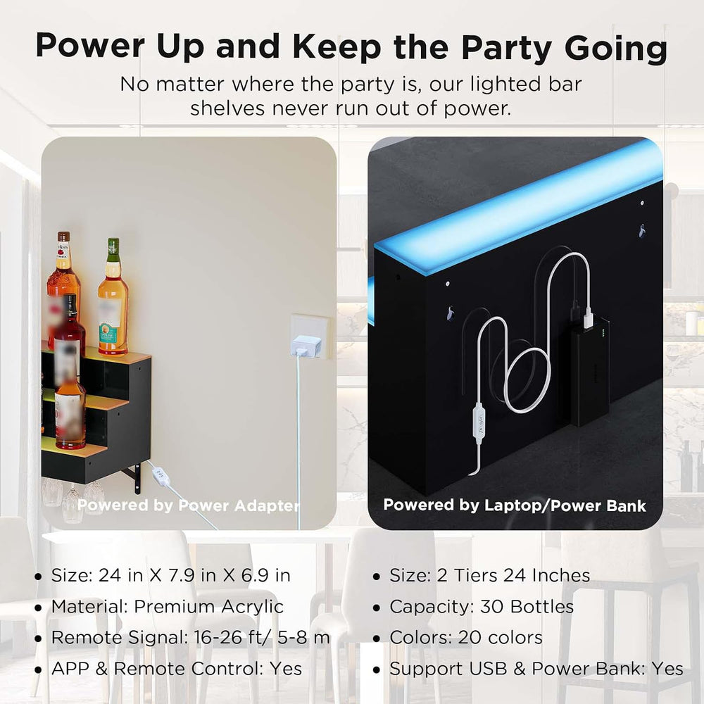 Dethan 2 Tier 24 Inch LED Lighted Liquor Bottle Display Shelf - Wall-Mounted ...