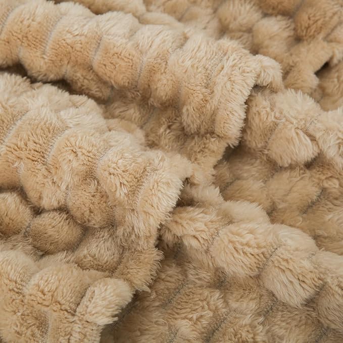 Puncuntex Beige Throw Blanket 108"×90" inches Fuzzy 3D Jacquard Decorative - Image 4