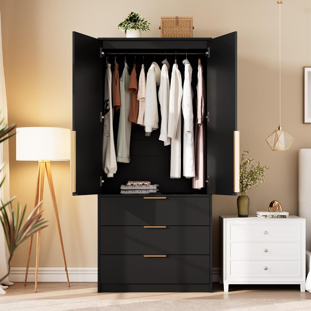 GarveeHome 70" Wardrobe Armoire Wooden Closet with 3 Drawers, Black