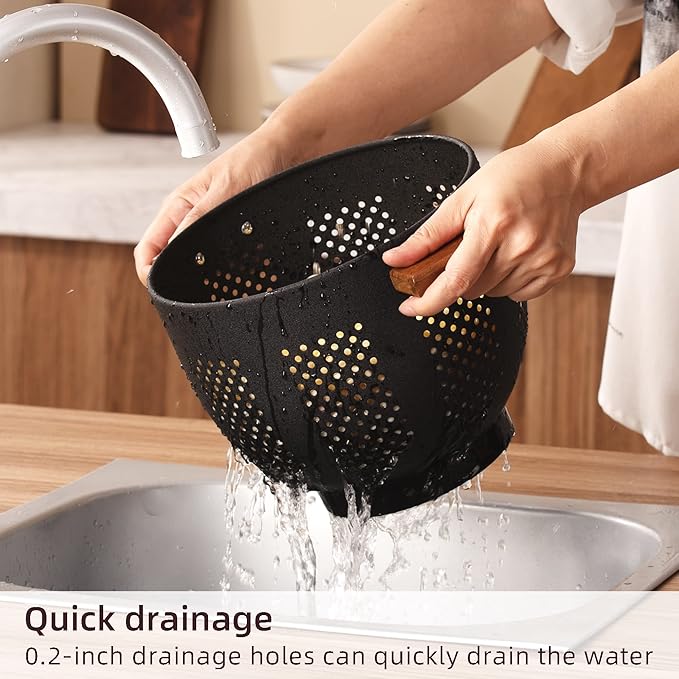 Metal Colander with Wood Handle and Stable Base, Powder Coated Steel Kitchen - Image 3
