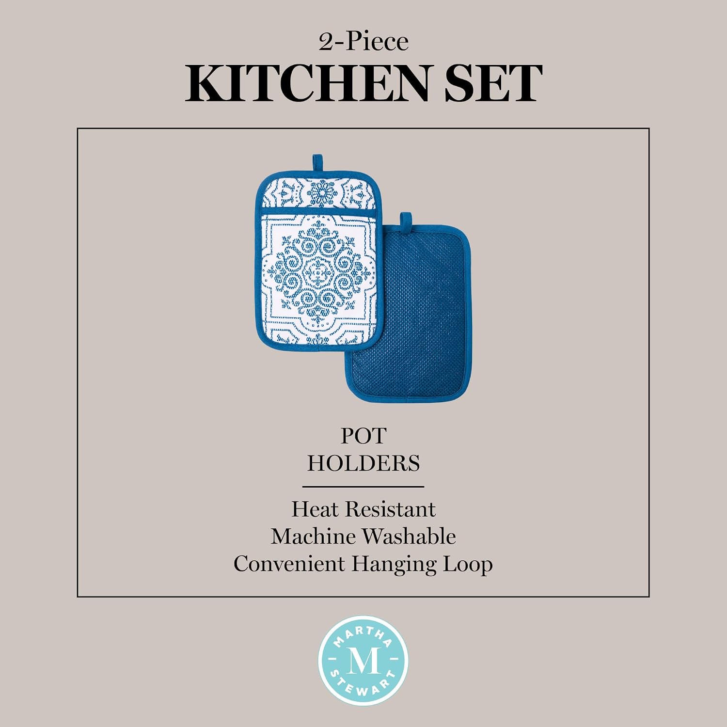 MARTHA STEWART Strie Medallion Pot Holder 2-Pack Set, Heat Resistant, Non-Slip Silicone Grip, Navy Blue, 7"x10"