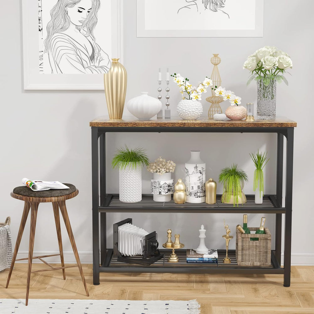 Ecoprsio Small Console Table, Sofa Table with Double Mesh Shelves, Industrial...