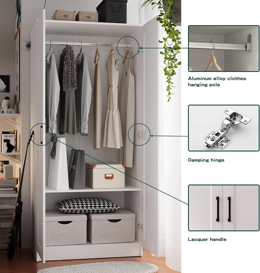 Fenghua Lizhi Wood White Wardrobe Closet with 2 Doors and 2 Drawers，Bedroom F...