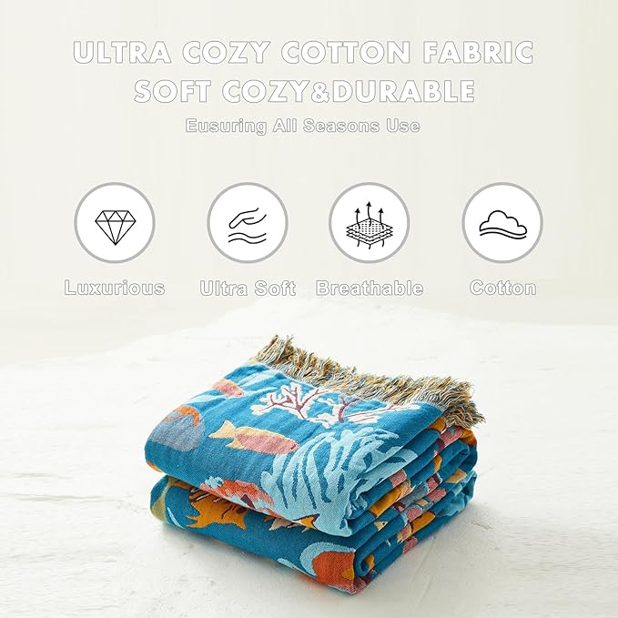 MSGKV Throw Blanket for Bed Cotton Cute Ocean Animals Twin Size Couch Blanket - Image 6