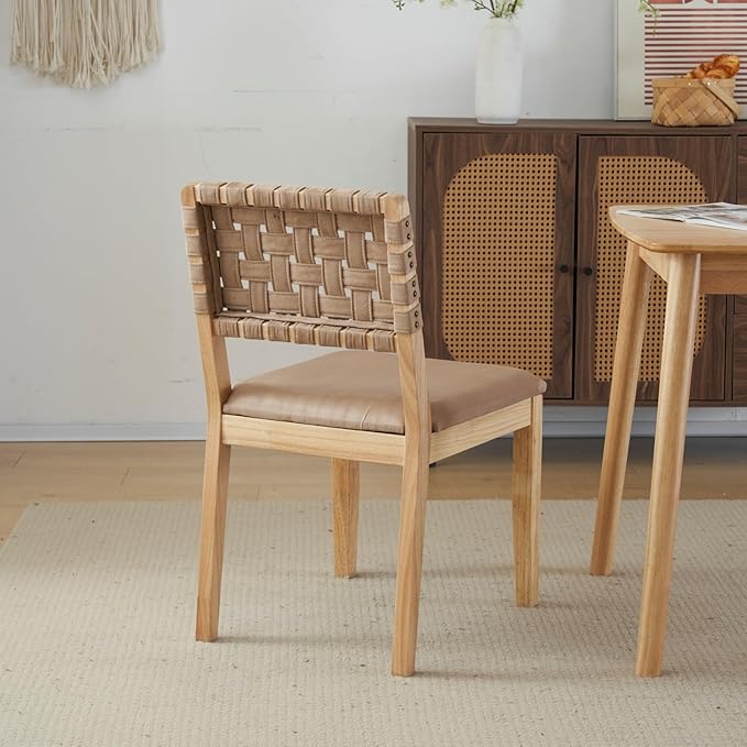 VINGLI Khaki Woven Wooden Dining Chairs Set of 4,Armless Mid Century Modern D...