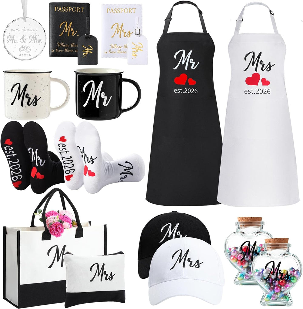 15 Pcs Mr Mrs Wedding Gift Set 2026 Aprons Mugs Hats,Bride | Passport Holders...