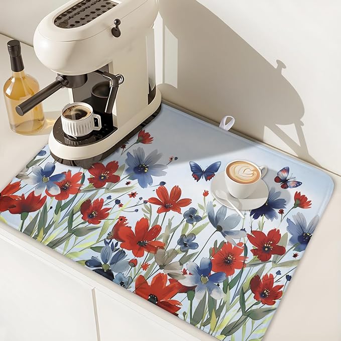 4th of July Dish Drying Mat for Kitchen Counter 18 x 24 Inch Patriotic Floral - Image 7