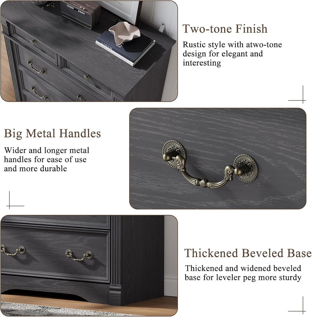 Grey 6 Drawer Dresser for Bedroom, 47" Tall Dresser, Wood Rustic Chest o...