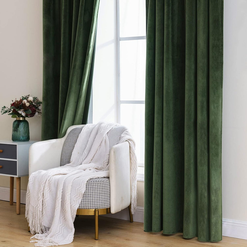 MIULEE Velvet Curtains 52x63 inches 2 Panels Olive Green Blackout Curtains