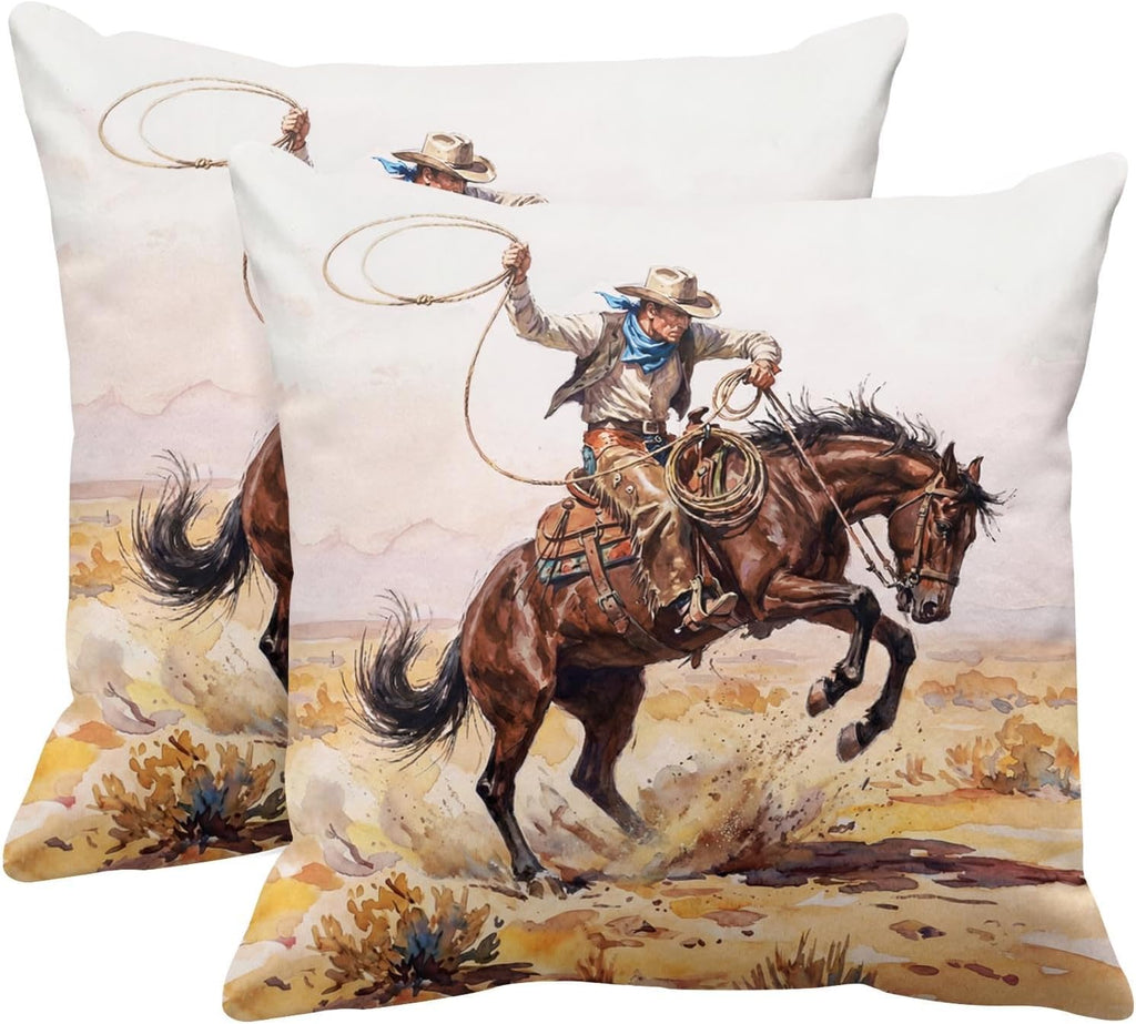 Emvency Throw Pillow Covers Set of 2, 18 x 18 Inch, Western Cowboy Vintage | Wild Horse Outdoor Decorative Square Pillow Cases Couch Cushion Case for Couch Bed Sofa Living Room Home Decor
