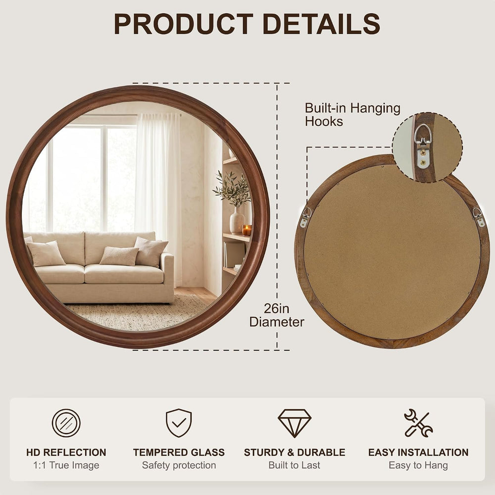 FICTOR Round Wood Mirror, 26" Circle Mirrors for Wall Decor, Walnut Brown