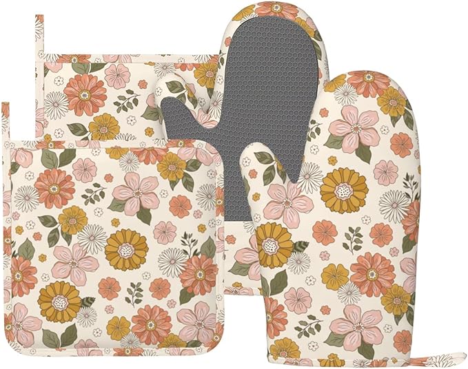 Retro 70s Style Flower Oven Mitts and Pot Holders Set of 4 Silicone Retro Boho by BOKEKANG
