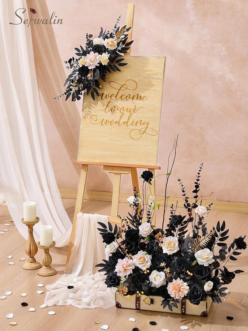Serwalin Artificial Flowers Black Gold Champagne Silk Flowers for Wedding