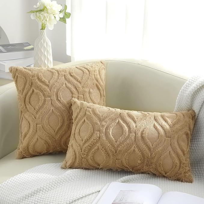 decorUhome Throw Pillow Covers 20x20 Inch Set of 2, Soft Plush Faux Wool Khaki - Image 8