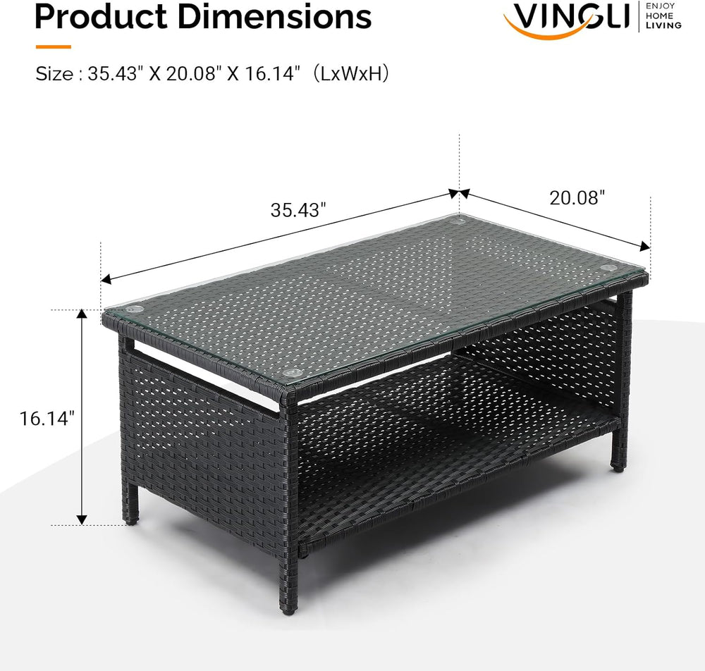 VINGLI Outdoor Wicker CoffeeTable Patio Coffee Tables for Outside, Tempered G...