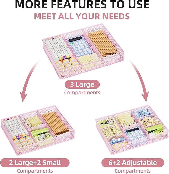 Marbrasse Pink Desk Drawer Organizer, Metal Mesh Drawer Organizer Tray - Image 3