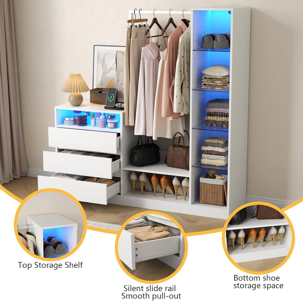 Wardrobe Dresser with Hanging Rack and Drawers, Led Wardrobe Dresser Combo