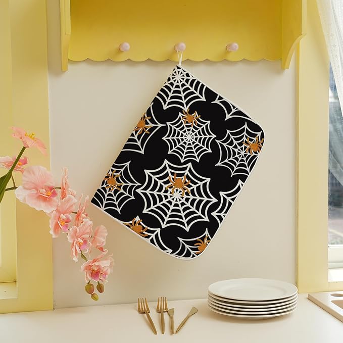 Halloween Dish Drying Mat 18x24 Inch Black Orange Golden Spider Webs Drying Mat - Image 5