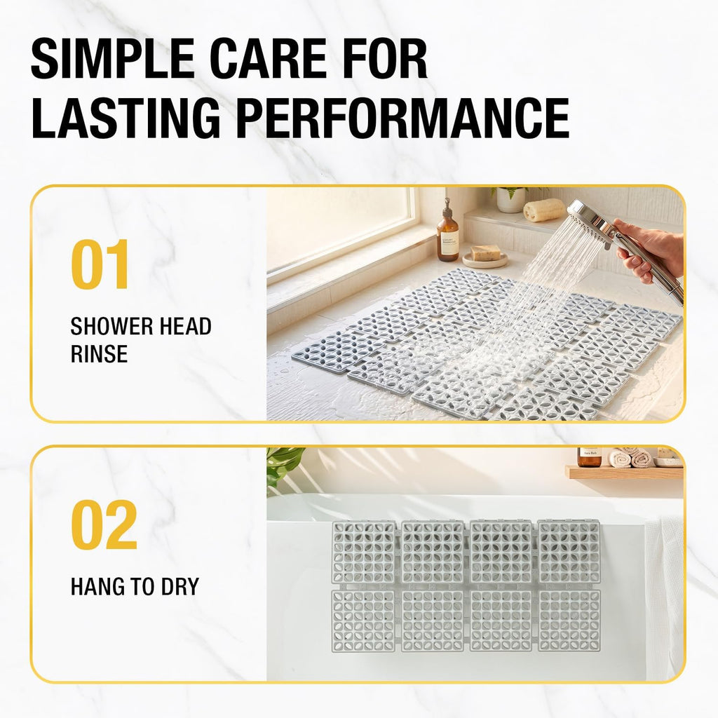 HITSLAM Shower Mat Anti Slip, 24x24 Inch Cut to Fit No Odor Soft TPE Shower Stall Mat, Square Bath Mat with Suction Cups and Drain Holes, Soft on Feet, Grey