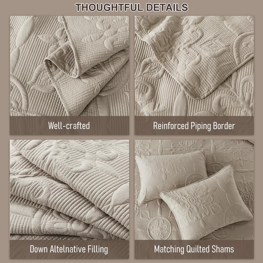 B2EVER Boho Damask Soft Quilt Bedding Set, Cal King Size, Beige Color