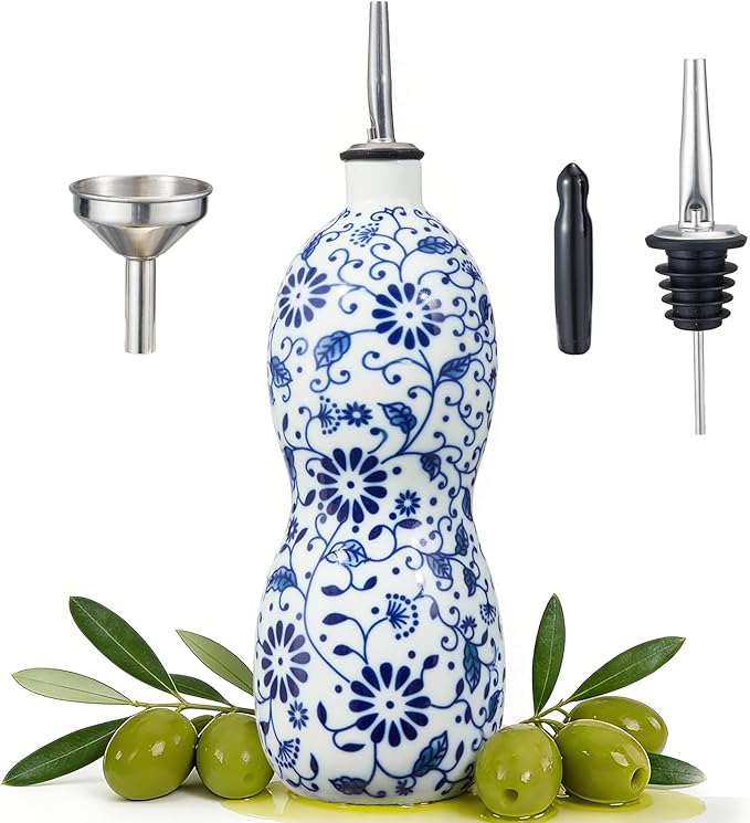 20oz Vintage Ceramic Olive Oil Dispenser Bottle, Gourd Shape Blue and White by Unknown