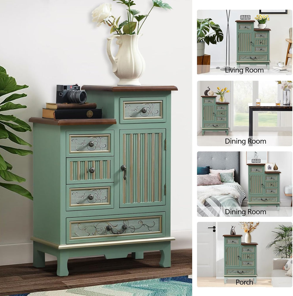 Vintage Accent Chest with 5-Drawers and Door Carved Wood Storage Cabinet Mode...