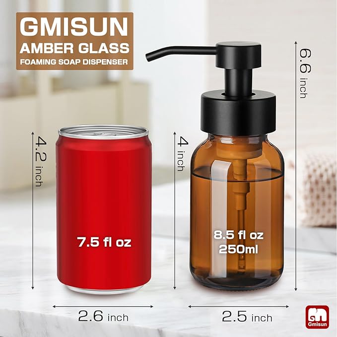 GMISUN Foaming Soap Dispenser, 8.5 fl oz / 250ml Amber Glass Foam Soap Dispenser - Image 3