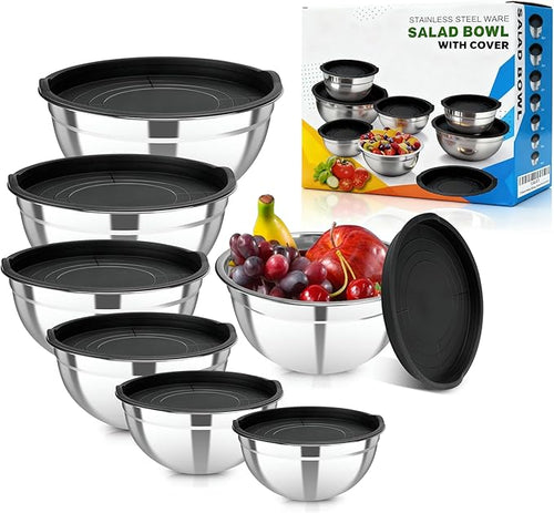 7-Piece Mixing Bowls with Airtight Lids — Stackable Stainless Steel Nesting by YJSLICT