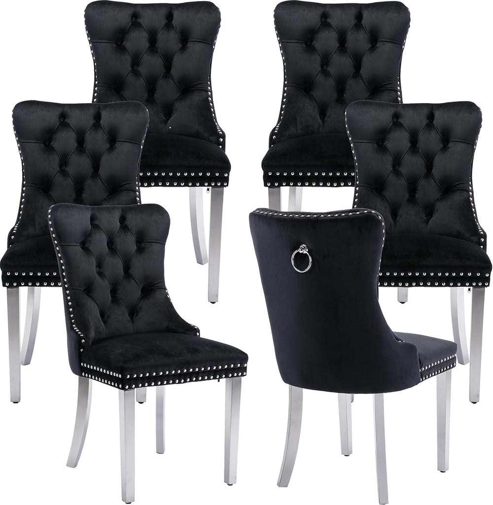 Luxury Upholstered Dining Chairs Set of 6, Black Kitchen Chair with Silver Me...