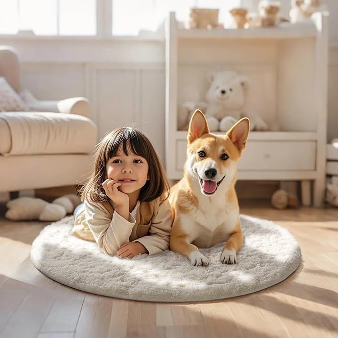 Ophanie Round Rug 2Ft Ivory Circle Area Rug, Fluffy Fuzzy Bedroom Carpet - Image 3
