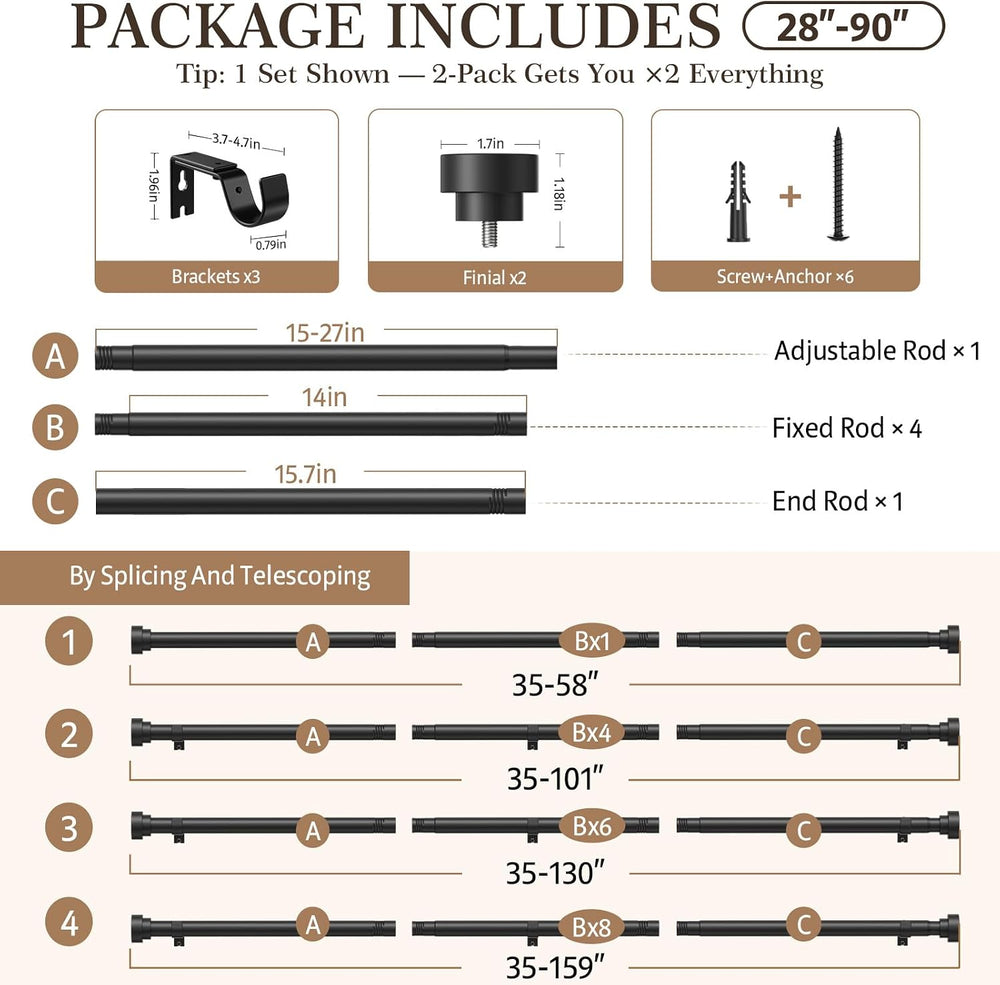 2 Pack Heavy Duty Curtain Rods for Windows 28-90 Inch, Black
