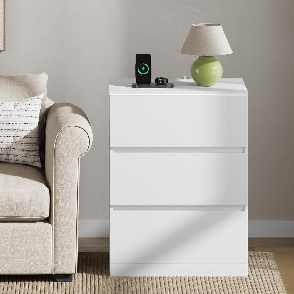 Nightstands Set of 2 with Charging Station and Hidden Drawer, 26"H, Whit...