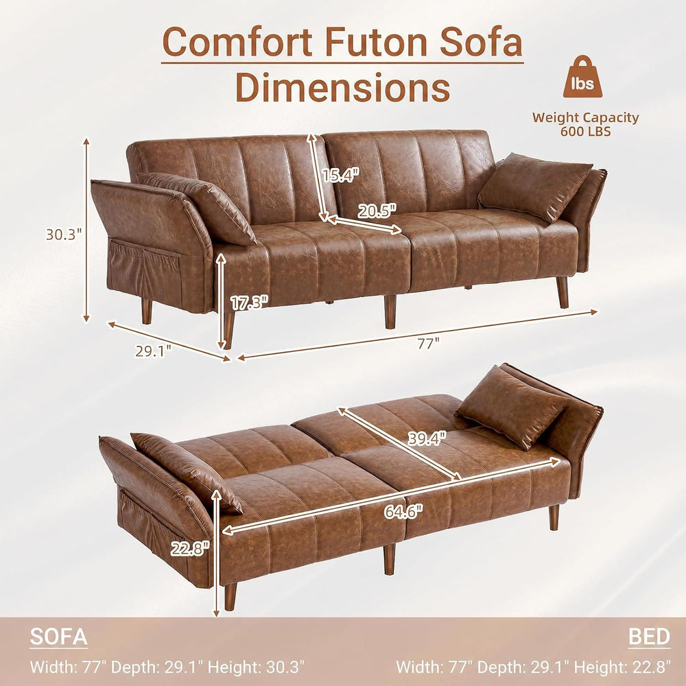 77" Faux Leather Couch, Leather Loveseat Futon Sofa Bed, Brown