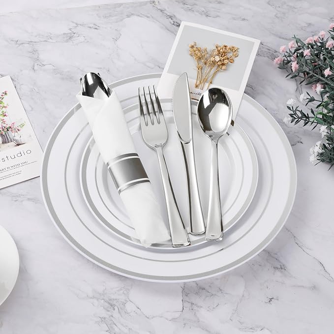 BESTVIP 175PCS Silver Plastic Dinnerware Set, Disposable Party Plates for 25 ...