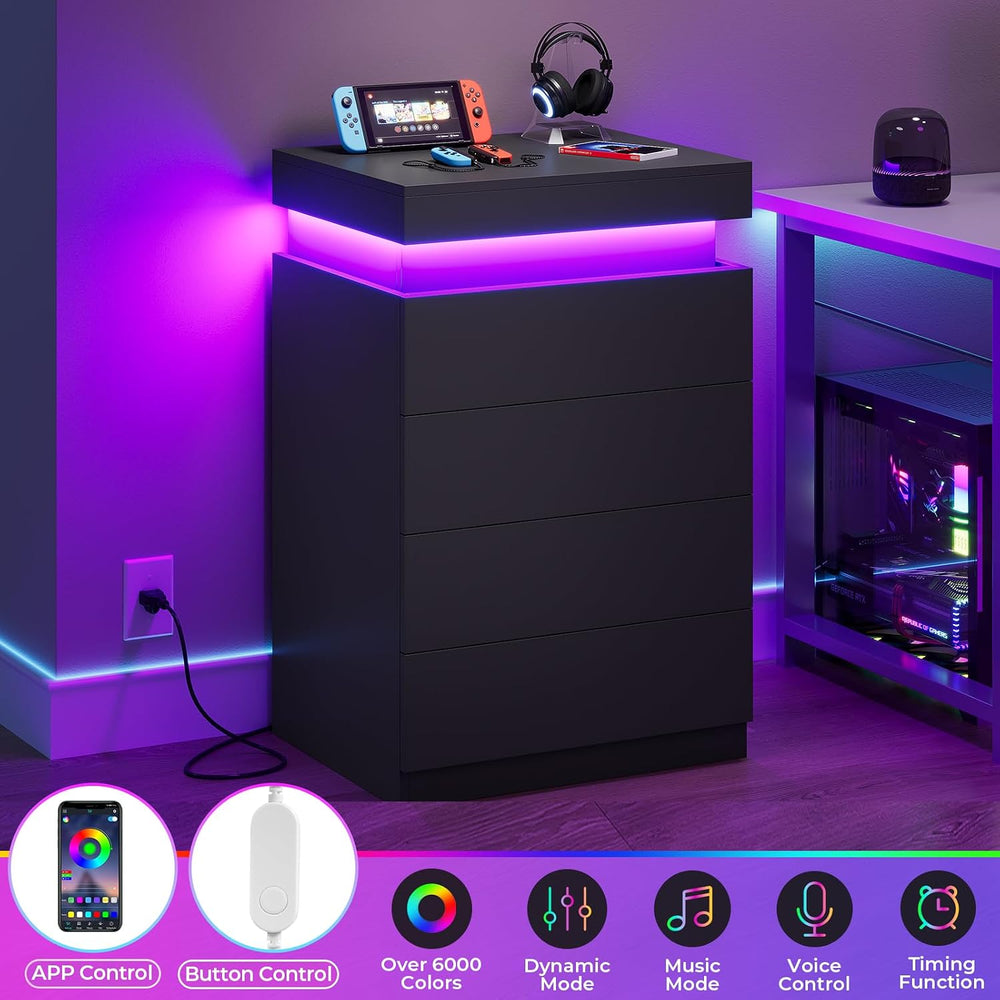 ADORNEVE Black Night Stand with Drawers and LED Lights | Bedside Table with C...